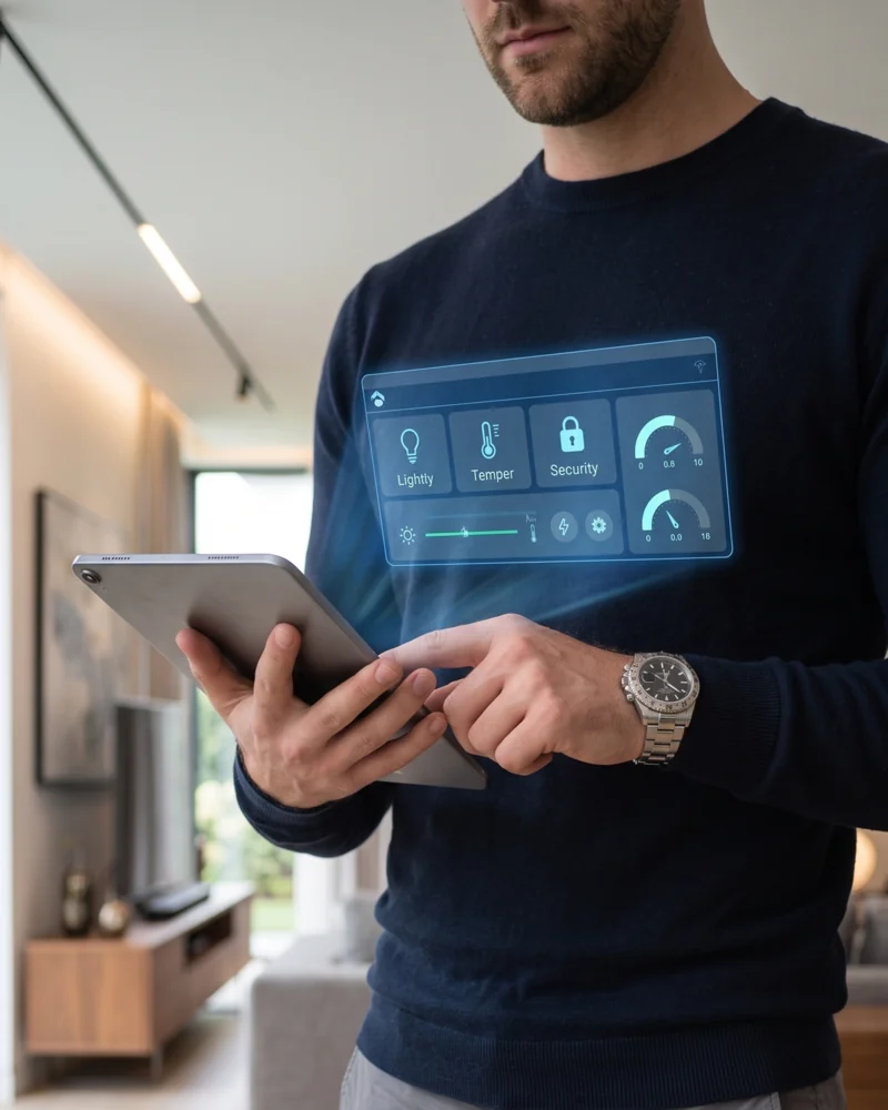 Cliente controlando a casa inteligente byVoice pelo tablet